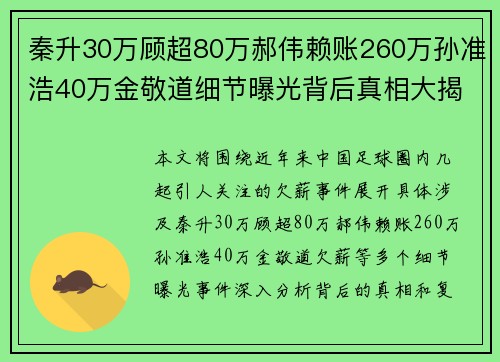 秦升30万顾超80万郝伟赖账260万孙准浩40万金敬道细节曝光背后真相大揭秘